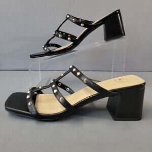 Heart In D Sandals Womens 7.5 Black Silver Studs Slip-On Block Heels Shoes Mules